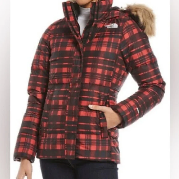 The North Face Gotham Red Plaid Puffer Jacket With Faux Fur Hooded Trim Large - Picture 8 of 8